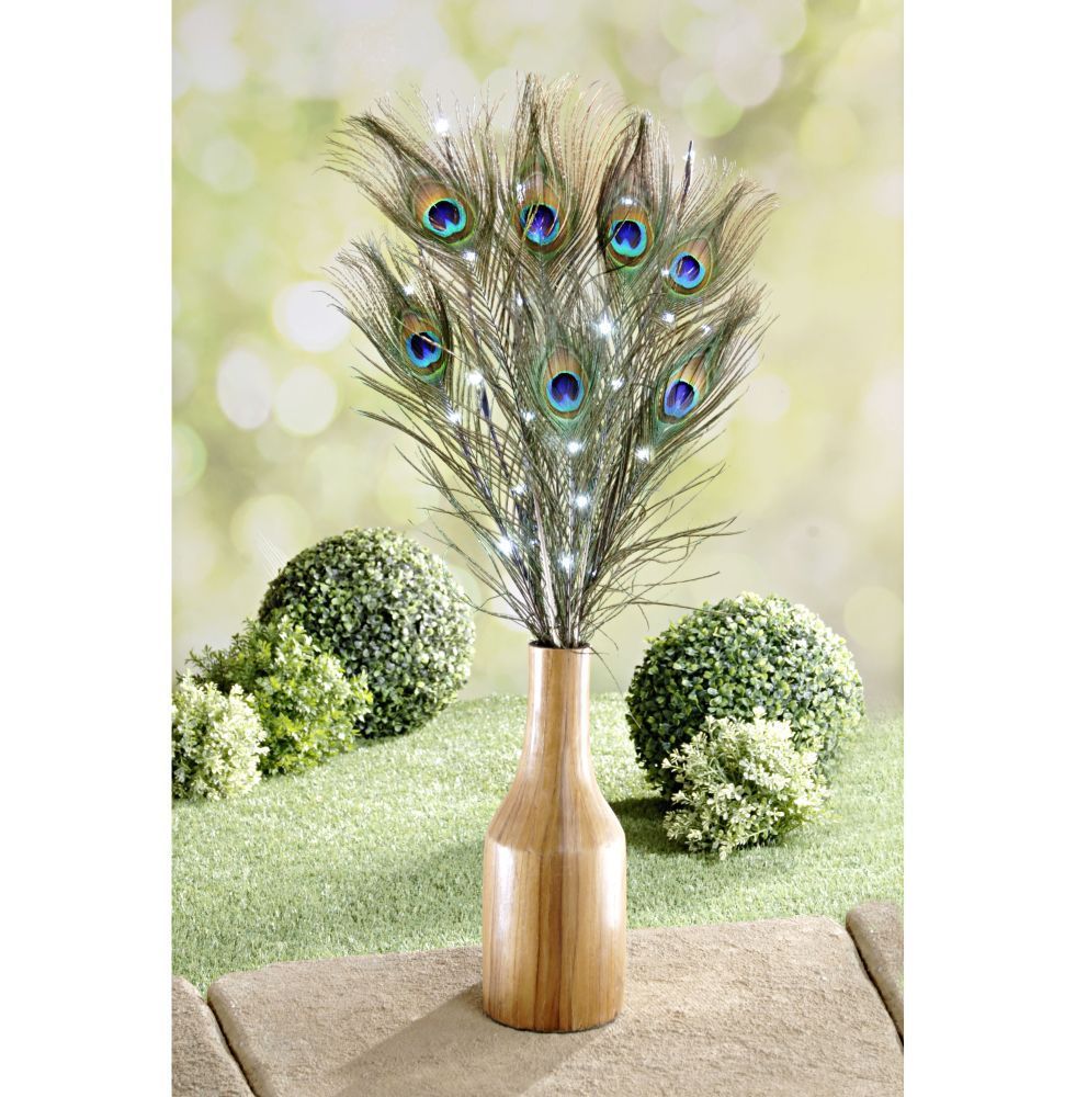 7 Pfauenfedern mit LED Beleuchtung Deko Federn Kunst Blumen Strauss