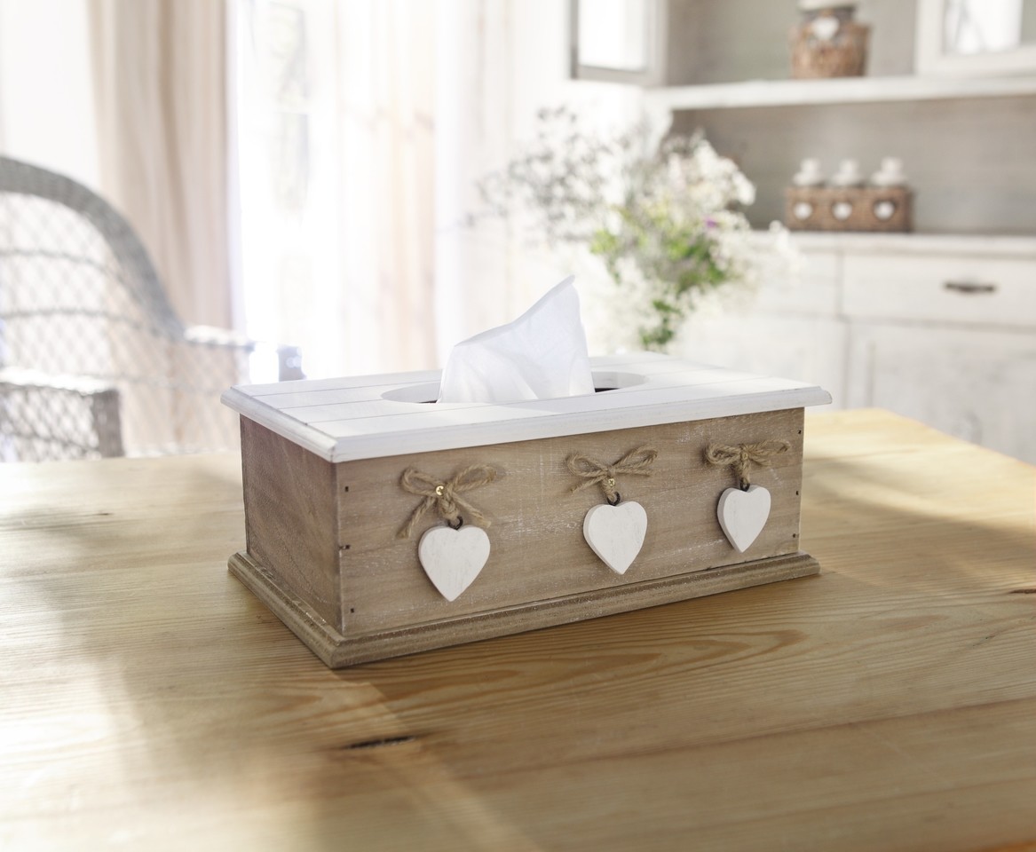Tissue Box White Heart Holz Landhaus Stil Kometik Tucher Taschen Tuch Spender