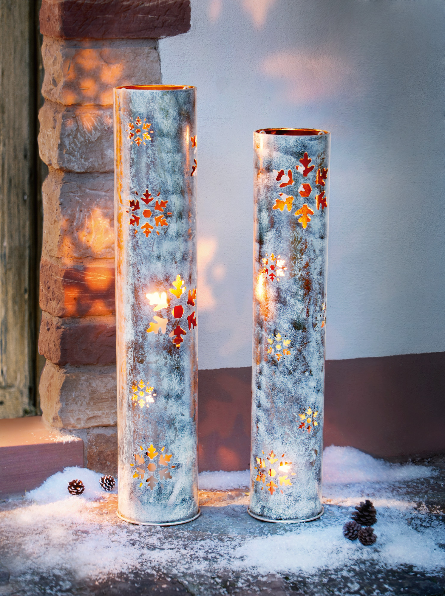 2er SET WINDLICHT SÄULE “Schneeflocke” METALL KERZEN HALTER GARTEN